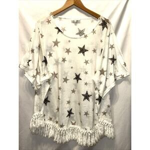 Umgee Womens 2XL Lightweight Linen Blend Knit Top Cream Stars Tassels Lagenlook
